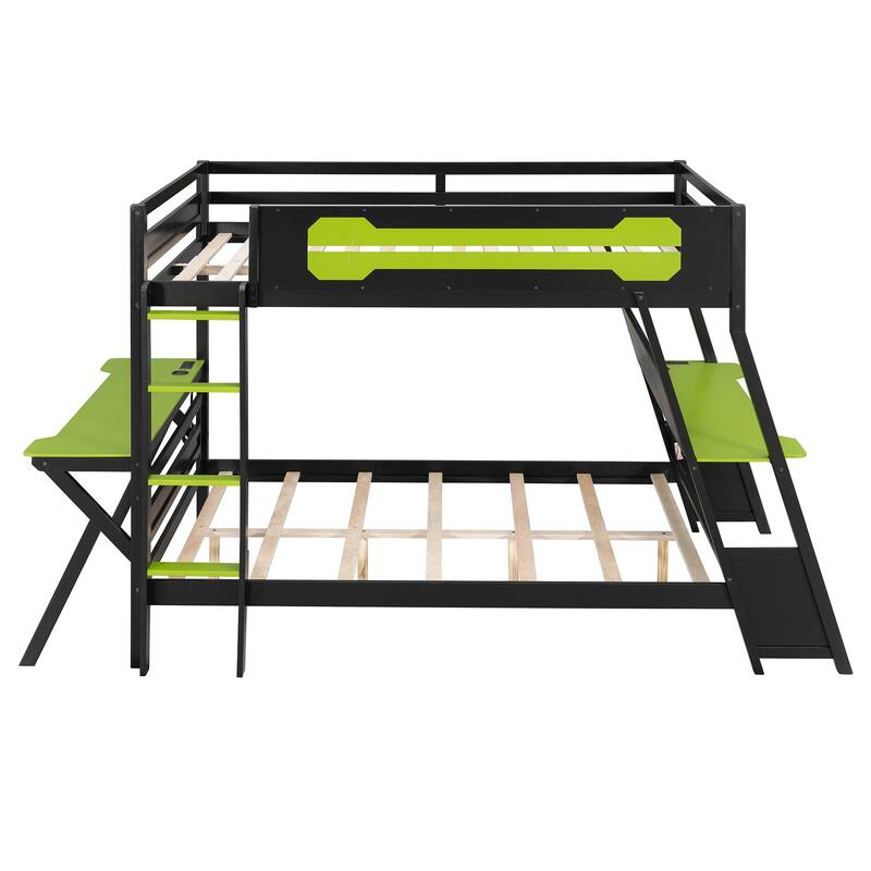 E-sports Inspired Bunk Bed with 2 Built-In Gaming Desks, USB Desktop Ports and Pegboard Organizer, Bunk Frame for Teens Gamer