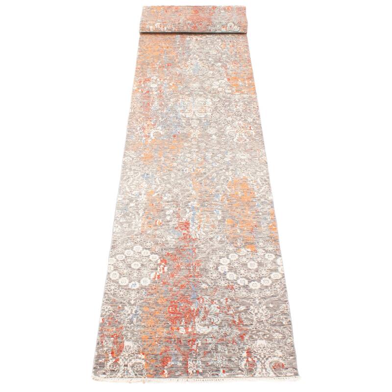 ECARPETGALLERY Hand-knotted Heritage Grey Silk, Wool Rug - 2' 7" x 14'