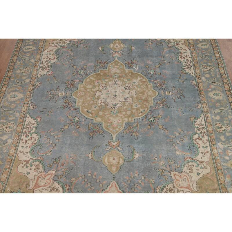 Blue Tabriz Persian Vintage Area Rug Hand-Knotted Wool Carpet - 9'6" x 12'8"