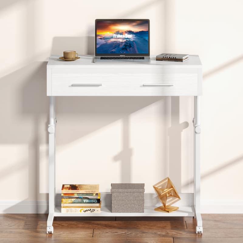 Adjustable C Table Portable Desk with Drawers and Wheels, Mobile Couch Desk
