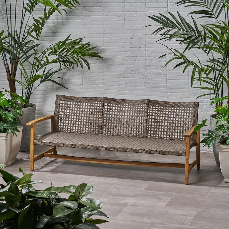 Roomfitters 3-Seater Outdoor Wicker Patio Loveseat with Acacia Wood Frame and Sloped Armrests