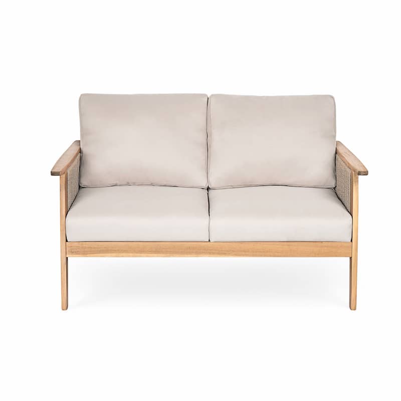 2-Piece Outdoor Patio Acacia Wood Rope Weave Conversation Sofa Set with Coffee Table
