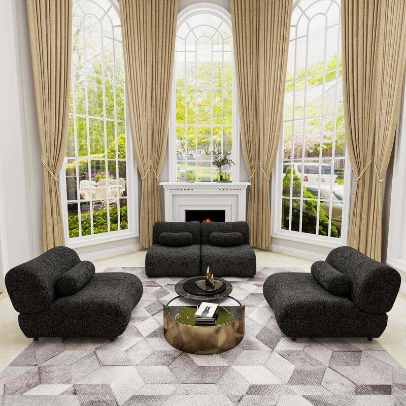 Chenille Modular Sectional Sofa Set, 4-Seater with Reclined Back - Black