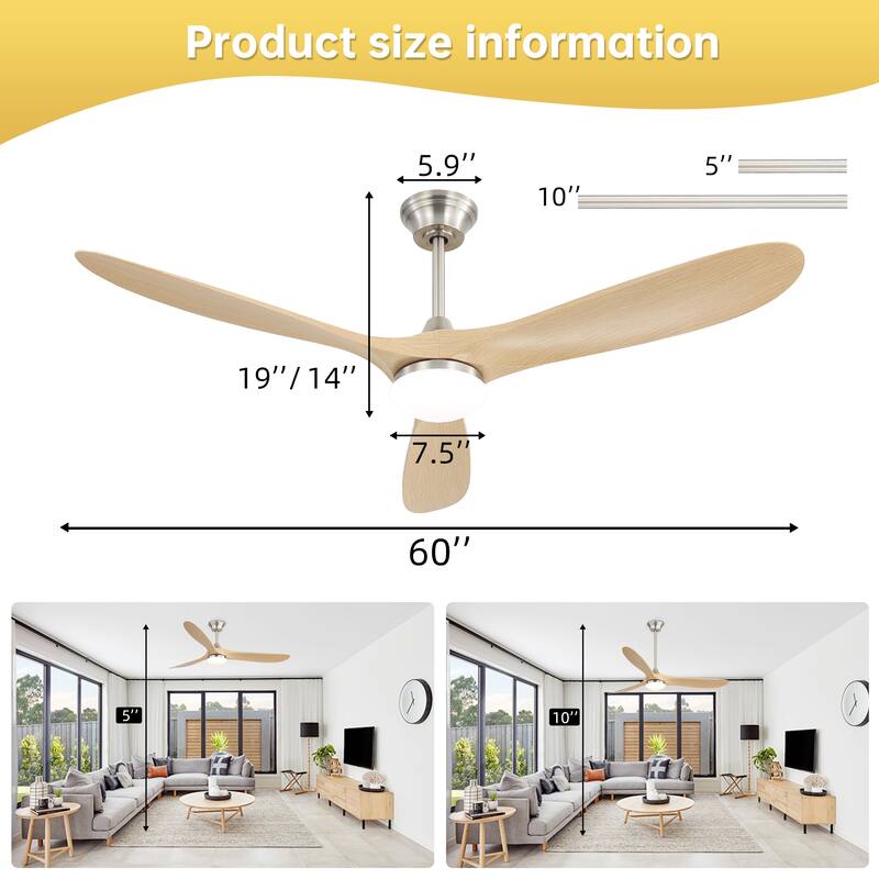 60 Inch Smart Ceiling Fan with Light Dimmable LED with Memory, Quiet Reversible DC Motor,Timing (1H/4H/8H)