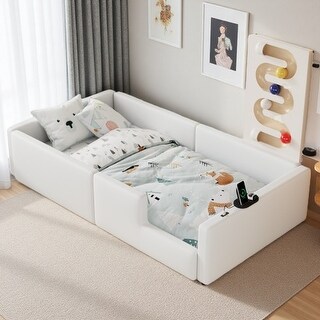 Twin Upholstered Platform Bed with Full-Length Guardrails, Charging Station, USB & Type-C Ports