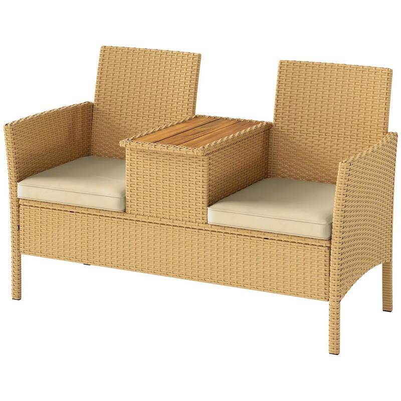 Patio Wicker Loveseat with Built-in Flip-Top Coffee Table and Cushions