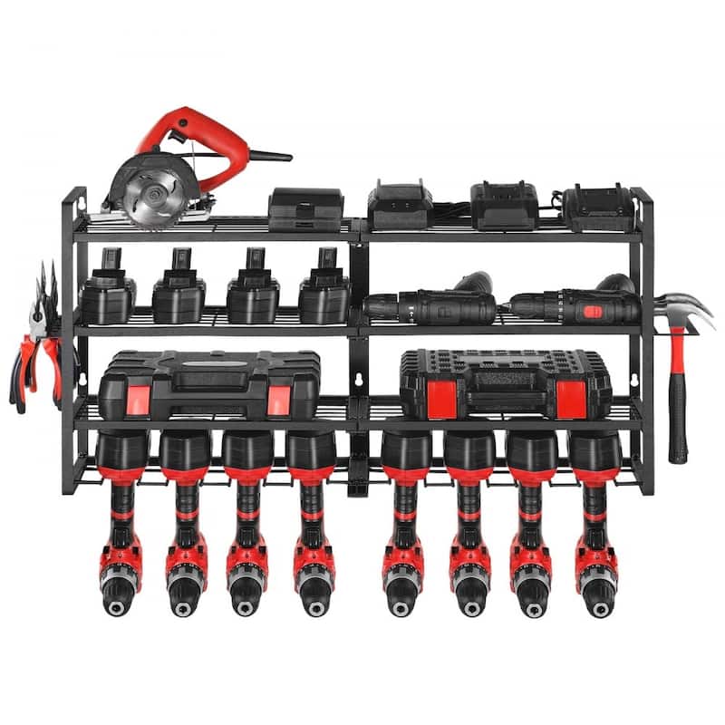 4-Tier Wall-Mounted Tool Organizer Rack with 8 Slots and Hooks for Garage Workshop Storage - 36.56 x 7.87 x 16.54 in