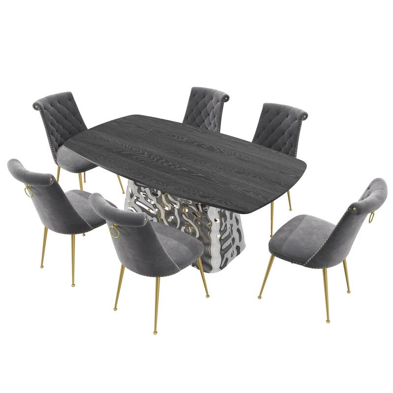 7-Piece Clihome Modern Stainless Steel Table Velvet Chair Dining Set
