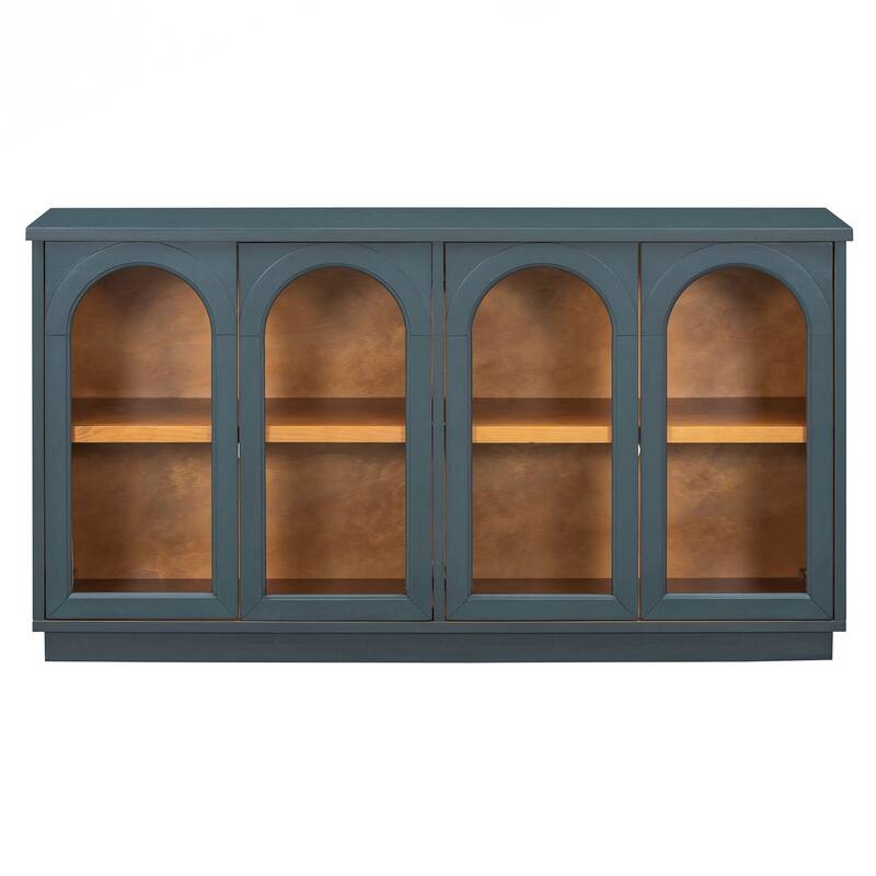 4-Door Large Storage Buffet Cabinet with Glass Doors, Arched Cabinet with Adjustable Shelves for Kitchen, Dining Room
