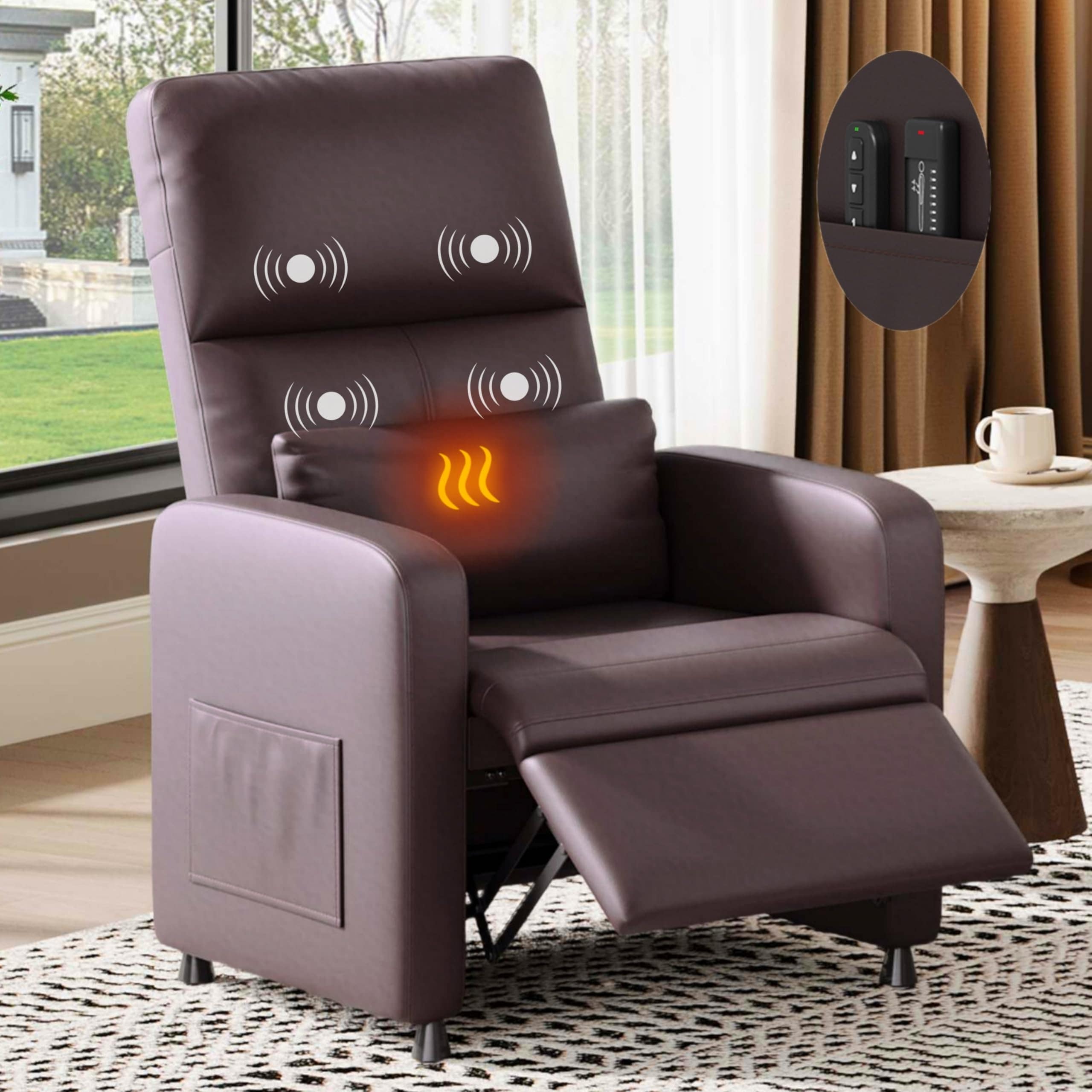Power Recliner Chair with Massage & Heat, Adjustable PU Leather Sofa with Memory Remote, USB Port & Side Pockets