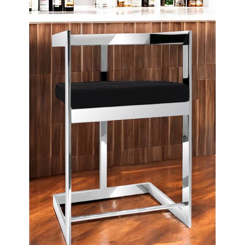 HomeRoots 30" Black and Silver Velvet and Stainless Steel Low Back Bar Height Bar Chair - Bar Height - Single - Black