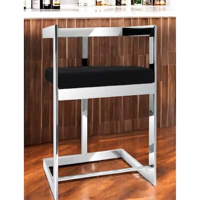 HomeRoots 30" Black and Silver Velvet and Stainless Steel Low Back Bar Height Bar Chair