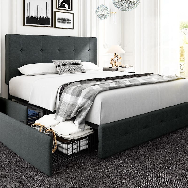 Queen Upholstered Bed with 4 Drawers & Adjustable Headboard, Dark Grey - Grey - Queen