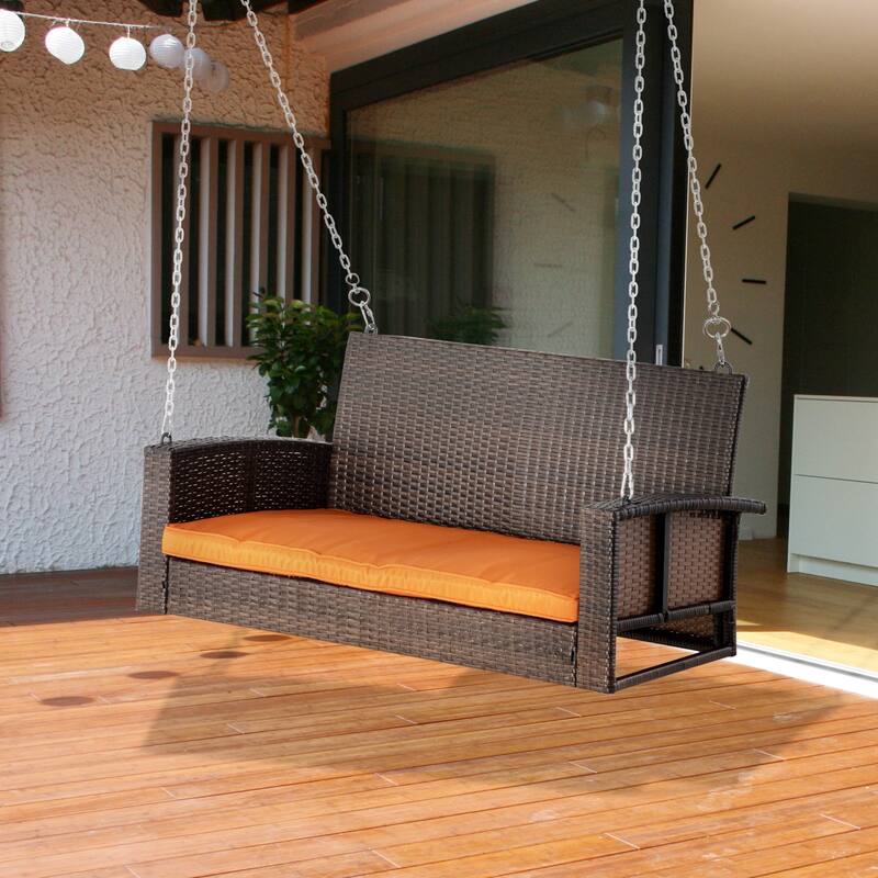 Outdoor Two-Person Swing Chair, Durable Handwoven Wicker Bench with Adjustable Hanging Chains Hanging Swing Bench