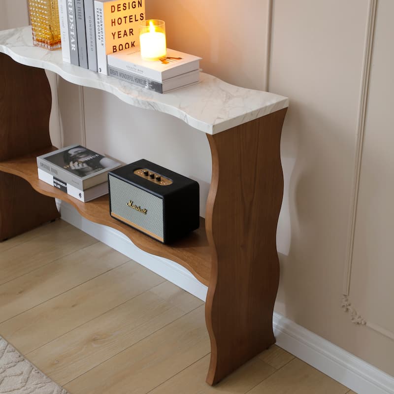 Modern Marble-Pattern Console Table Sofa Table Entryway Table with Open Storage Shelf, for Living Room, Walnut Brown