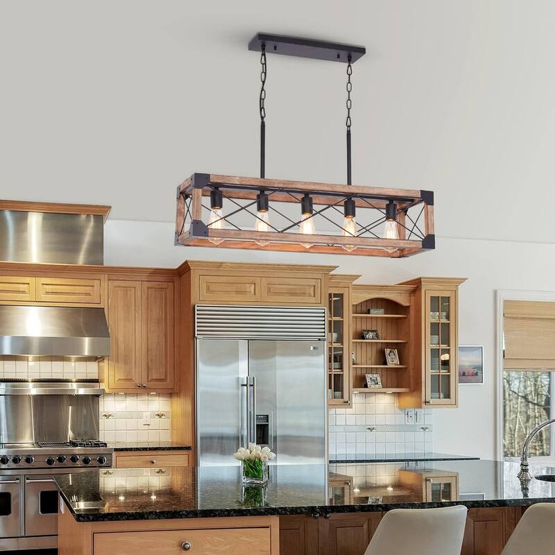 Farmhouse Kitchen Island Lighting,5-Light Dining Room Light Fixture,Farmhouse Linear Chandelier with Solid Wood for Dining Room