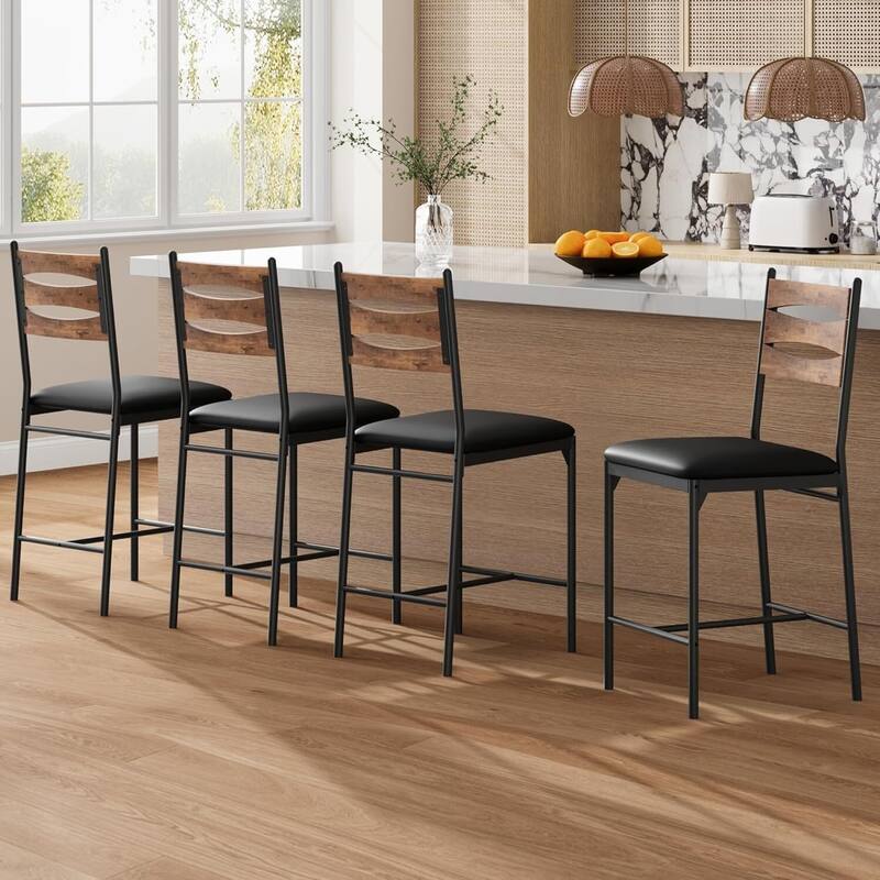Bar Stools Set of 2 - Thick Cushioned Faux Leather Stools with Islamic Geometric Backrest, Gold Accent Footrest