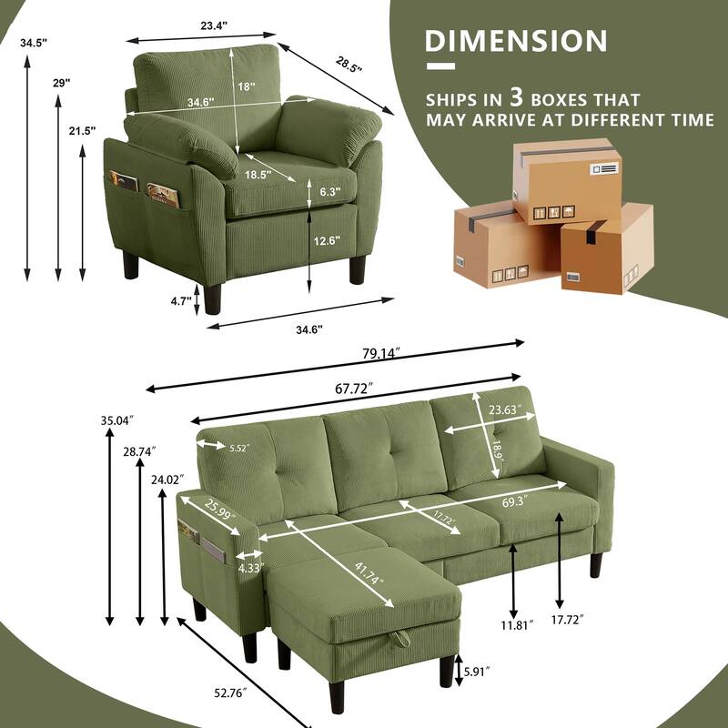 3 Pieces Corduroy Living Room Set with Sofa ,Storage Ottoman and Chair