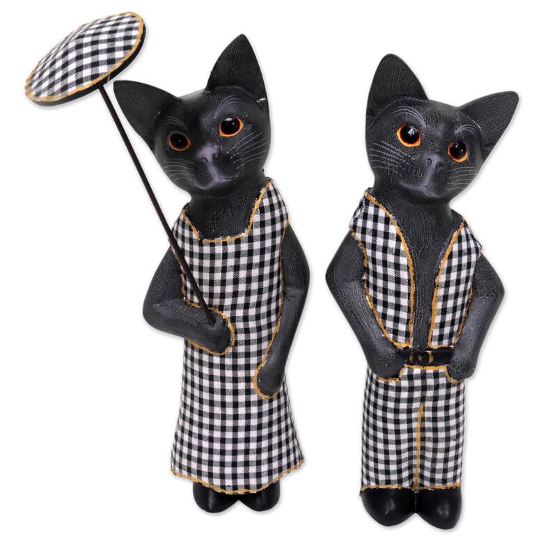 Novica Handmade Bali Cat Couple In Dark Grey Wood Sculptures (Pair)
