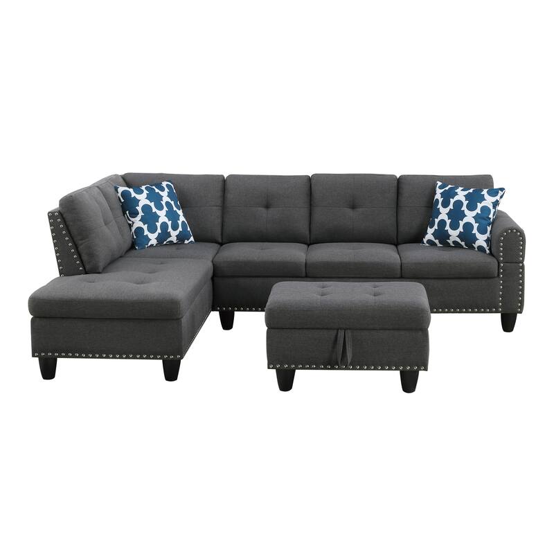 98" Wide Left Hand Facing Sofa & Chaise with Ottoman in Dark Gray Linen
