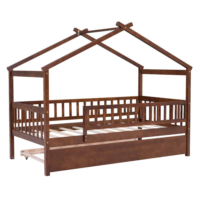 Wooden Twin/Full House Bed with Trundle and Headboard, Sky Roof Design, Durable Pine Wood