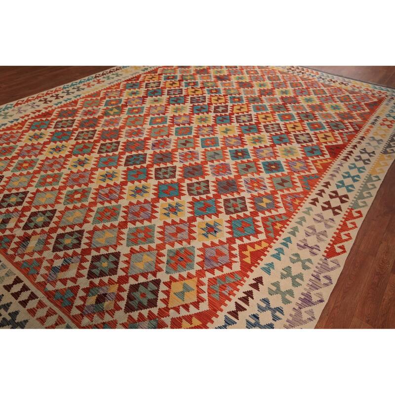 South Western Kilim Oriental Area Rug Flatweave Wool Carpet - 9'7" x 13'3"