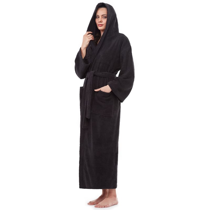 Women's Hooded Long Bathrobe Terry Cotton - Full Ankle Length Spa Robe