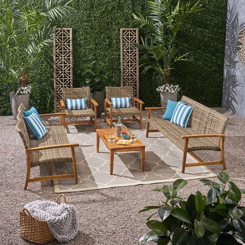 Hampton Outdoor 5-piece Wood and Wicker Sofa Chat Set by Christopher Knight Home