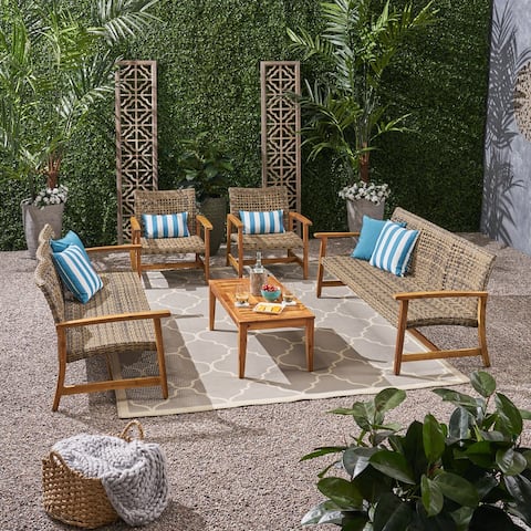 Hampton Outdoor 5-piece Wood and Wicker Sofa Chat Set by Christopher Knight Home