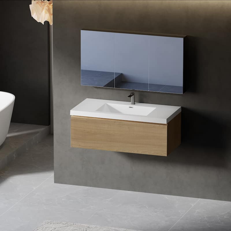 GDFStudio - Preston 42-Inch Floating Bathroom Vanity with Solid Surface Basin and Fluted Storage Drawer