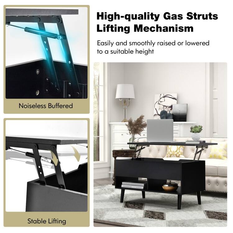 31.5 Inch Lift Top Coffee Table with Hidden Compartment and 2 Storage Shelves - 31.5" x 15.5" x 17.5" (L x W x H)