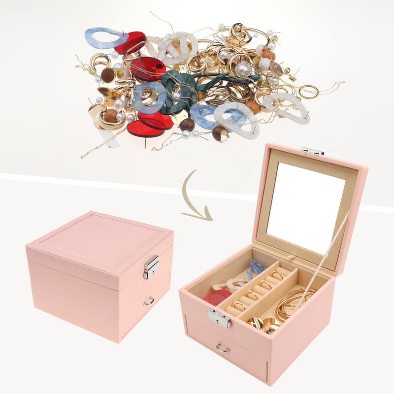 2 Layer Jewelry Box with Mirror for Women Girls Gifts, PU Leather Jewelry Organizer Case Storage Display Holder with Drawer - Pink