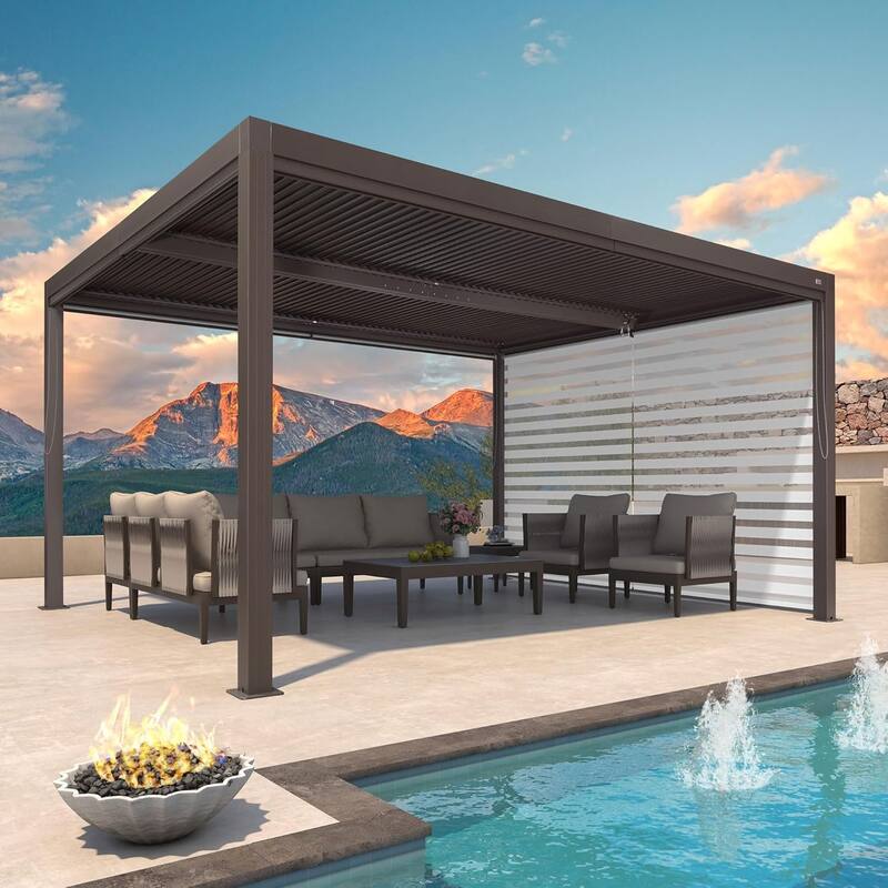 PURPLE LEAF Bronze Louvered Pergola with Adjustable Roof for Deck Backyard Garden Hardtop Gazebo