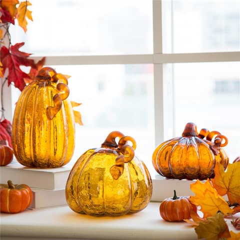 Glitzhome Amber Crackle Handblown Decorative Glass Pumpkins