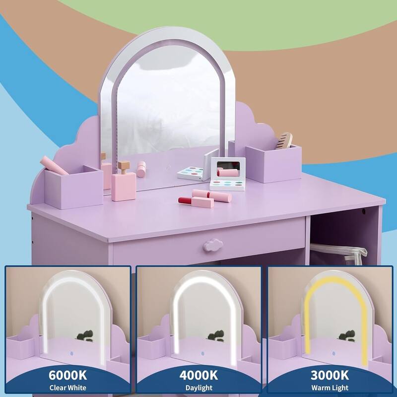 2 in 1 Kids Vanity Table & Stool with Lighted Mirror and Makeup Palyset