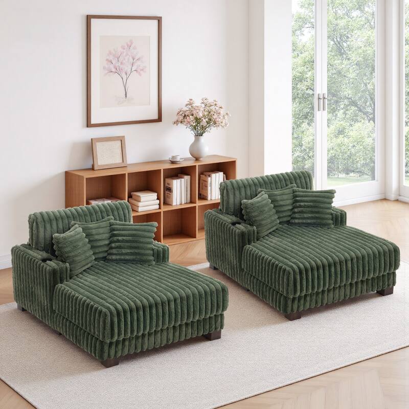 2-Piece Flannel Chaise Lounge Sofa Bed Set with Cup Holder - Green