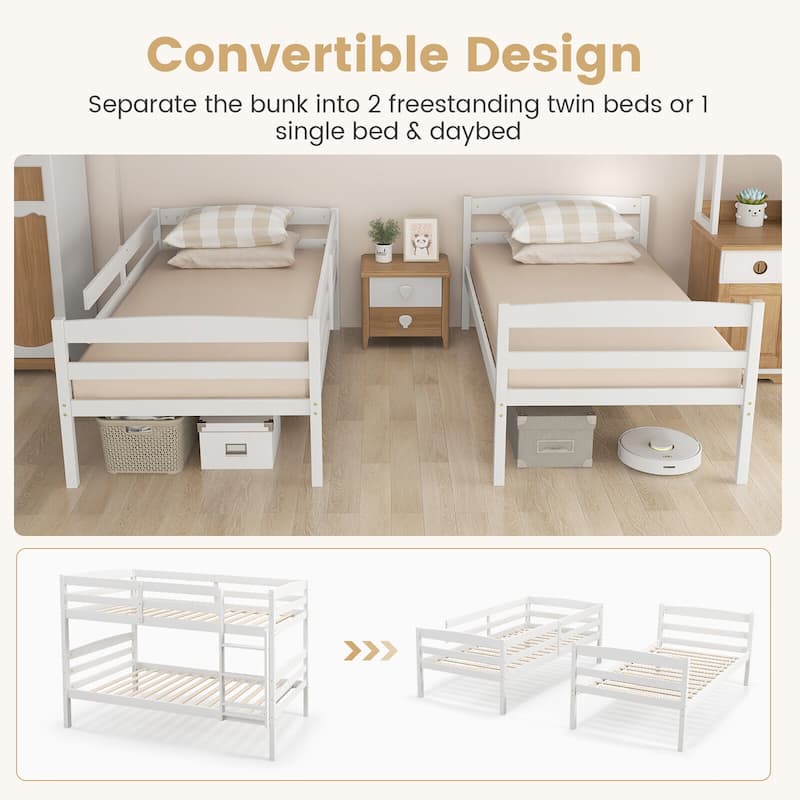 Gymax Twin Over Twin Bunk Bed Wooden Convertible Into 2 Beds High