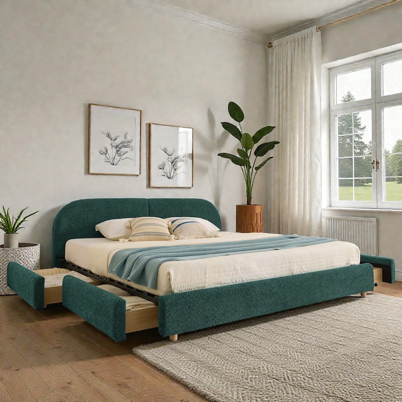 Upholstered Bed Frame with Tall Curved Headboard and Storage Drawers, Modern Minimalist Platform Bed No Box Spring