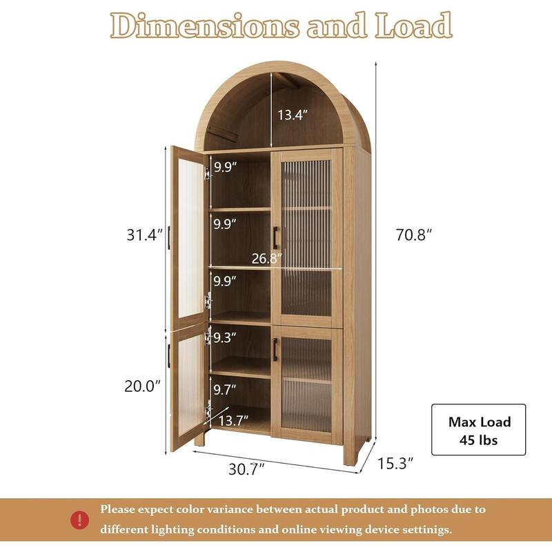 71" Tall Arched Cabinet with Glass Doors, Modern Farmhouse Arched Bookcase Storage with Shelves, Pantry Cabinet