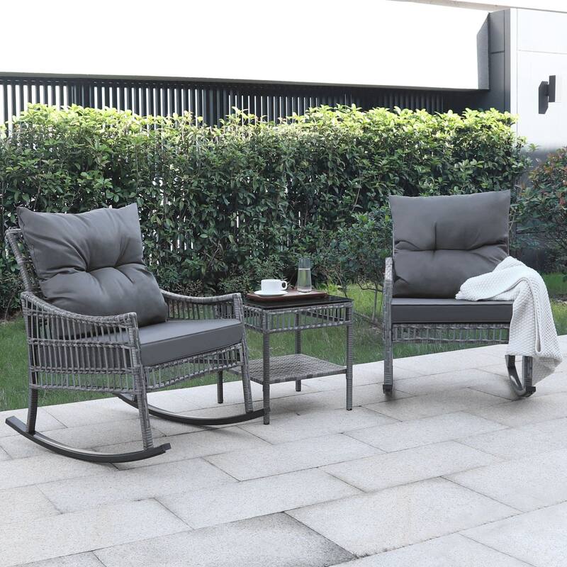 VEIKOUS 3-Piece Patio Wicker Outdoor Rocking Chair Set with Cushions and Pillows