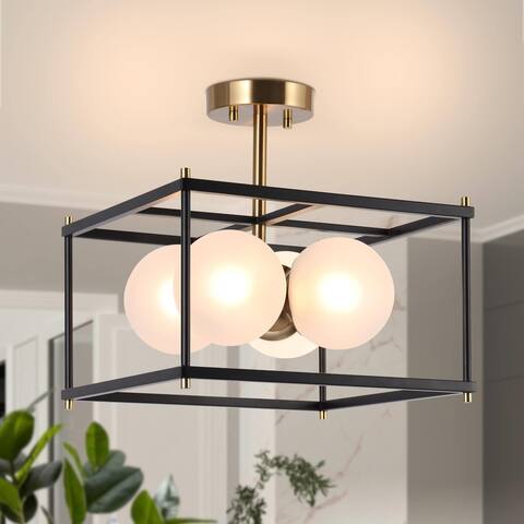 Modern 4-Light Black Gold Geometric Semi Flush Mount Glass Ceiling Light for Kitchen - L13.5" x W13.5" x H13.5"