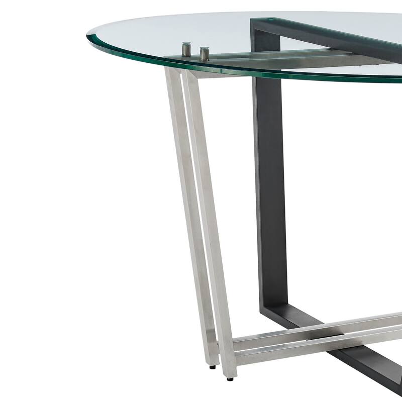 Sanaya Dining Table, 48 Inch Glass Top, Silver Steel, Black Iron - Black, Silver, Clear