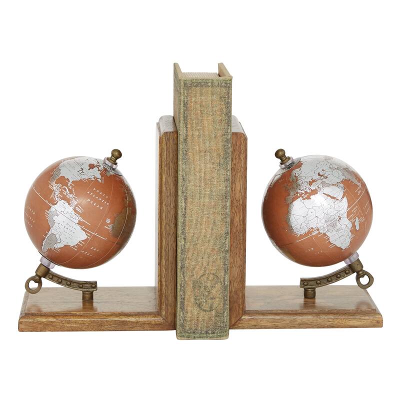 Wood Globe Bookends - Set of 2 Brown - Roche River Decor - 4"W x 6"L x 7"H