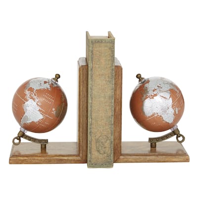 Wood Globe Bookends - Set of 2 Brown - Roche River Decor - 4"W x 6"L x 7"H