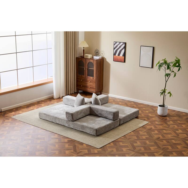 Light Gray Lounge Sleeper Bed Floor Sofa Bed with Foldable Armrests, Loveseat Sofa Sleeper Sofa Accent Couch Settee