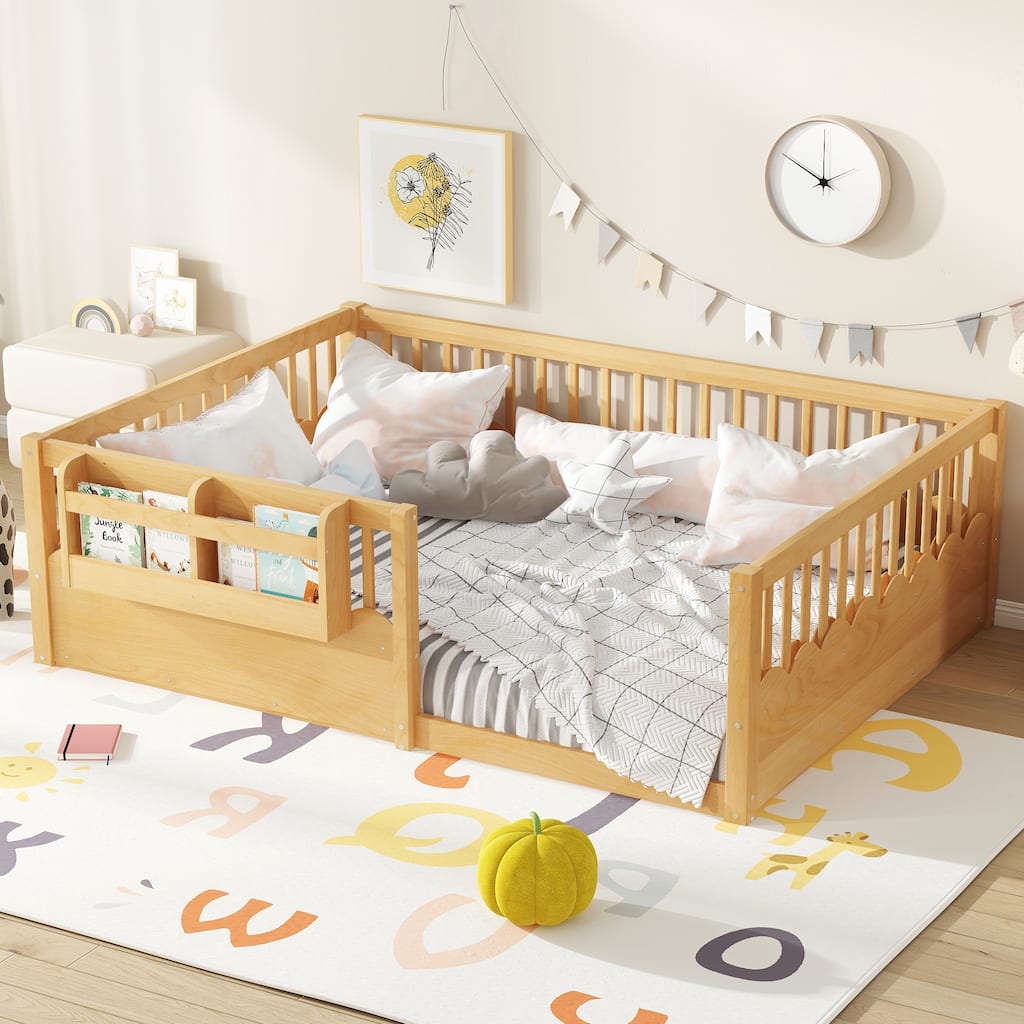 Full Floor bed with Heightened Fence and bookshelf, Wood Floor Bed for Kids