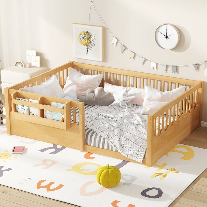 Roomfitters Floor Bed with Bookshelf and Heightened Fence, Solid Wood Frame with Guardrails