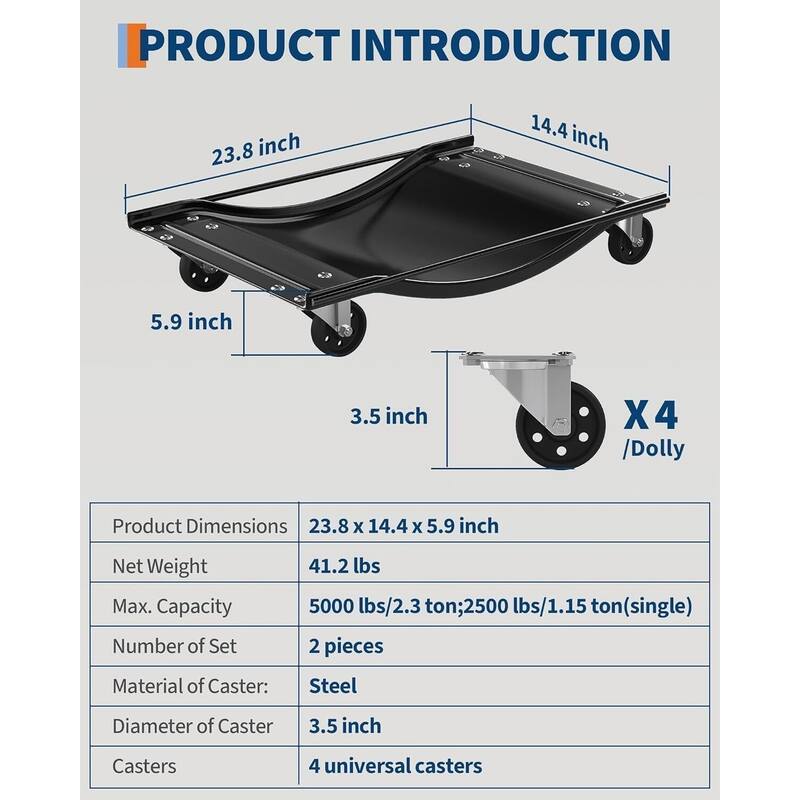 4-Pack Heavy-Duty Car Wheel Dolly Set 10000-lb Capacity 3.5Inch Steel Wheels 24 x 15 in Black