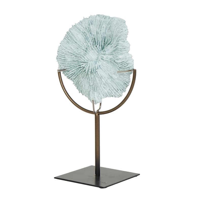 Light Blue Polystone Textured Coral Sculpture with Bronze Stand
