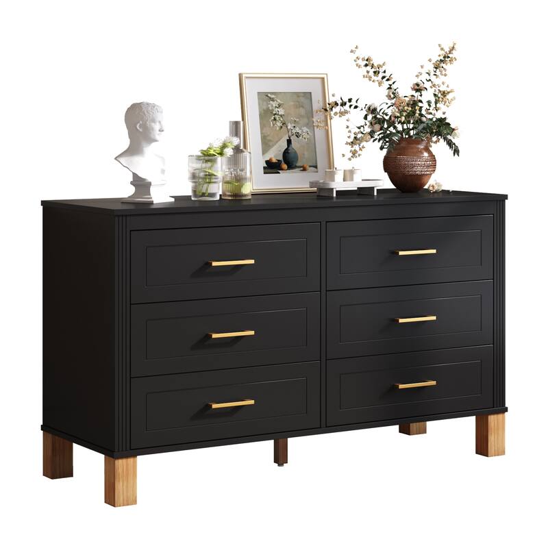 Wooden Double Dresser Dressing Table, Chest of 6 Drawers for Bedroom Living Room Entryway